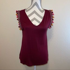 A New Day Burgundy Sleeveless Pom Pom Top Small